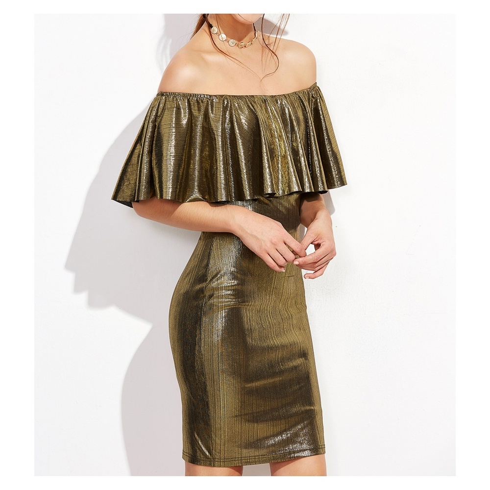 Gold Metallic Off the Shoulder Bodycon Dress - Picture 4 of 4